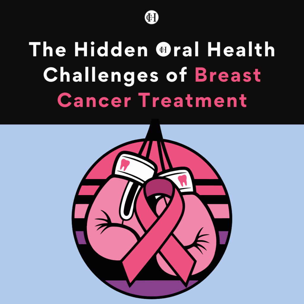Breast cancer ribbon and boxing gloves graphic highlighting oral health challenges during breast cancer treatment, shared by a Bay Area dental practice.
