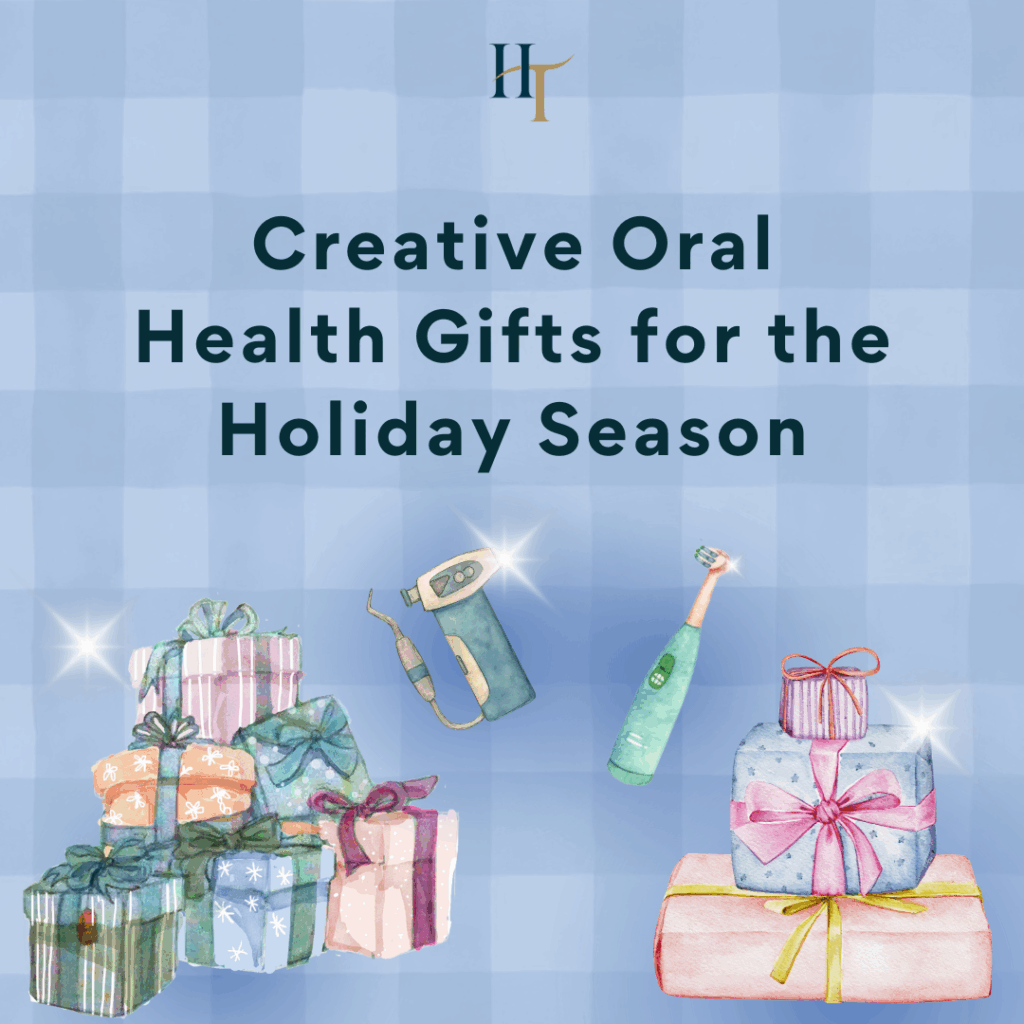 Watercolor illustration showing a pile of wrapped holiday gifts, a green electric toothbrush, and a water flosser on a blue plaid background with the title "Creative Oral Health Gifts for the Holiday Season."