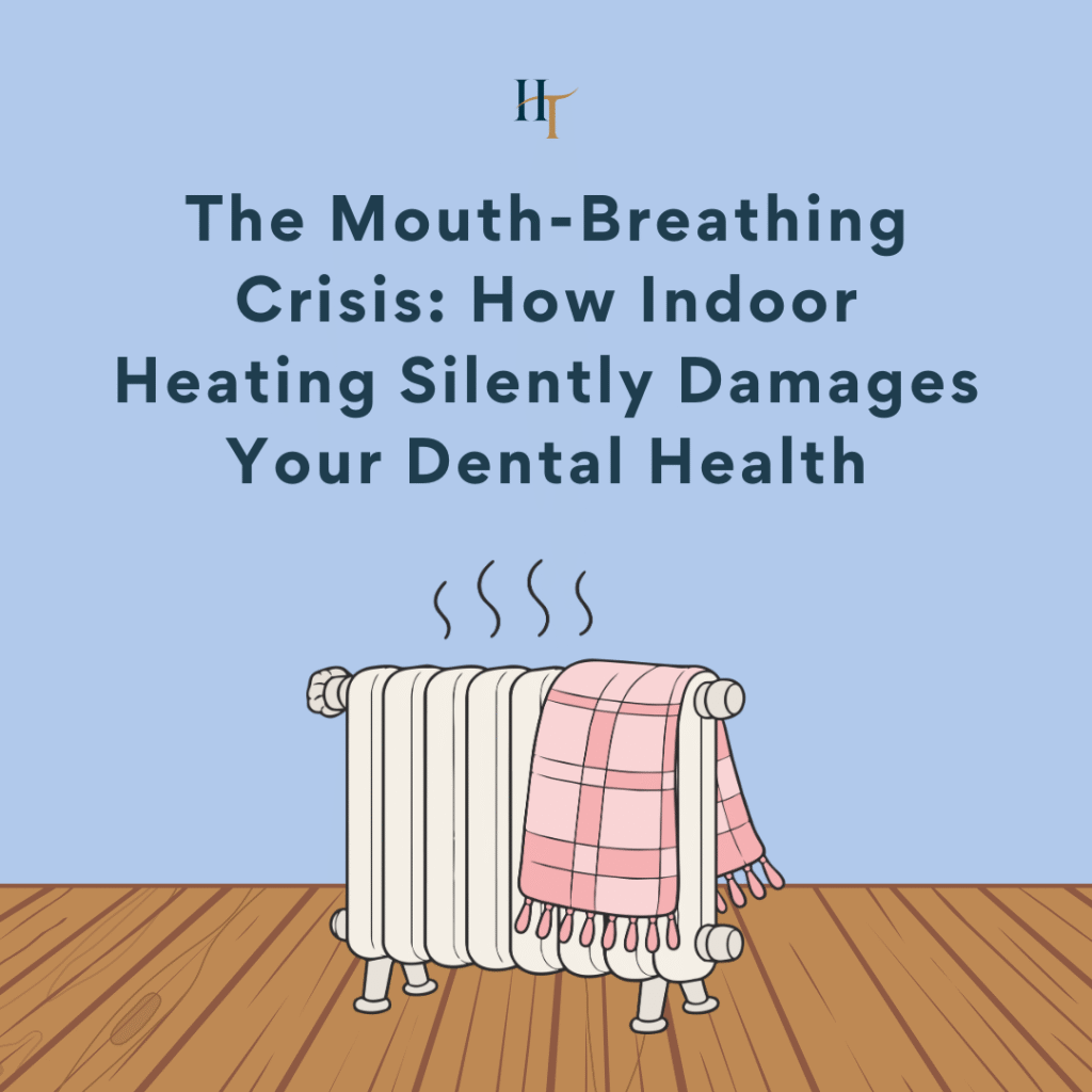 An illustration of a radiator with a blanket on it, featuring text that explains how indoor heating leads to a mouth-breathing crisis and silent dental health damage.