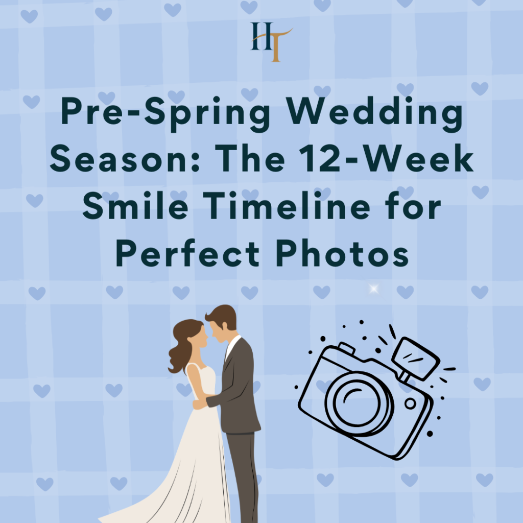 A wedding couple standing together with a sparkling camera icon, with text "Pre Spring Wedding Season: The 12 Week Smile Timeline for Perfect Photos"