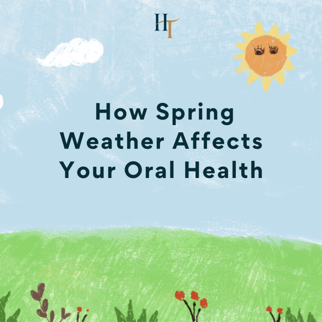 A bright, spring-themed dental care setup with a toothbrush, flowers, and a view of Palo Alto’s seasonal blossoms, illustrating how spring weather changes affect oral health