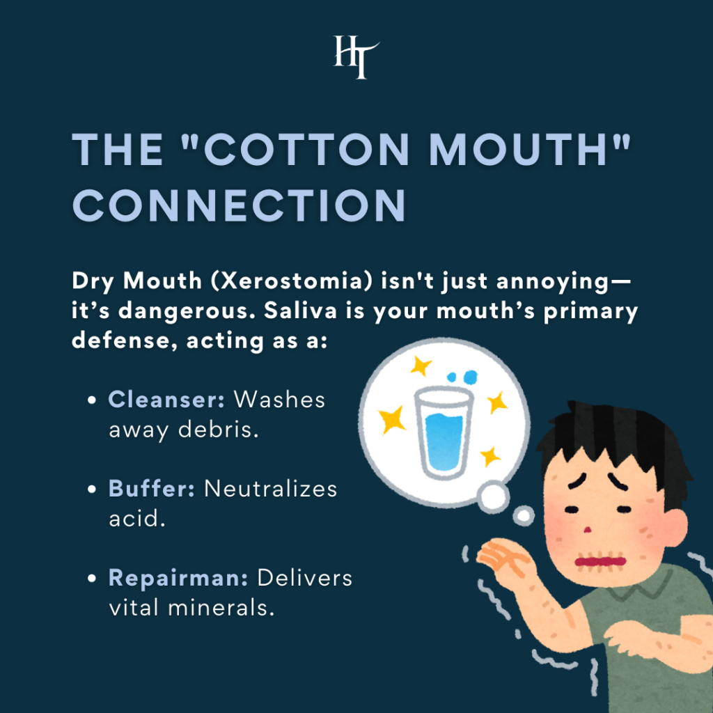 A glass of water next to a dental health checklist, highlighting how to combat dry mouth and maintain oral hygiene in Palo Alto.
