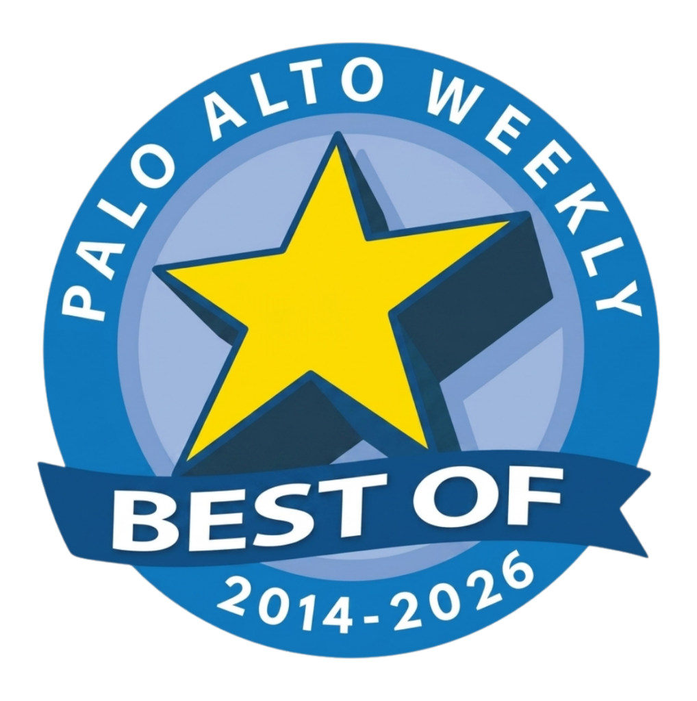 Official Best of Palo Alto Weekly award badge highlighting Dr. Harry Tseng and Associates as top dental choice from 2014 to 2026.